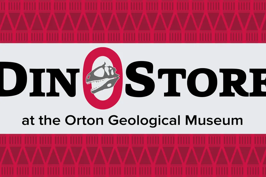 Dinostore artwork, "dinostore at the Orton Geological Museum" featuring the bust of Cryolophosaurus ellioti